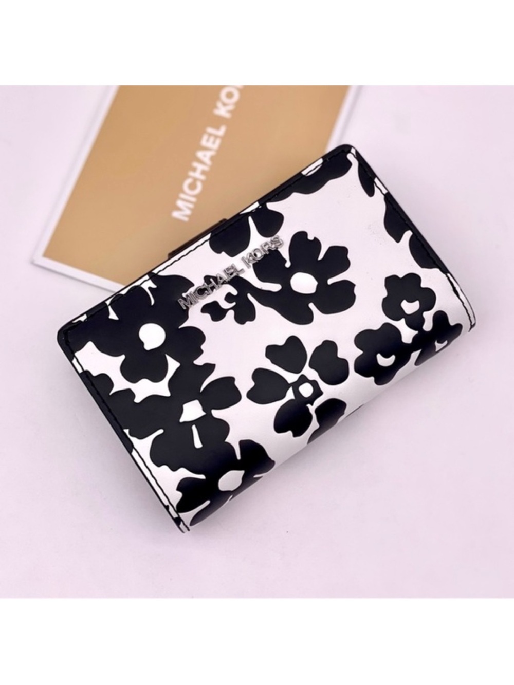 Michael Kors Black & White Floral Card Holder Wallet